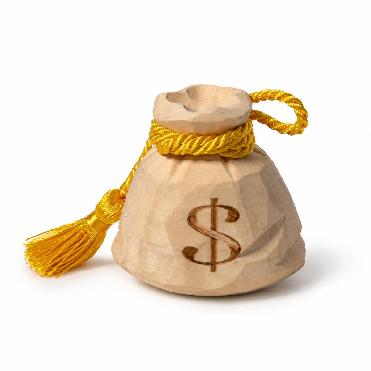 Hand Carved Wooden Money Bag, Dollar Sign Coin Purse Figurine, Gold Tassel Wealth Symbol, Rustic Farmhouse Desk Decor, Lucky Money Gift