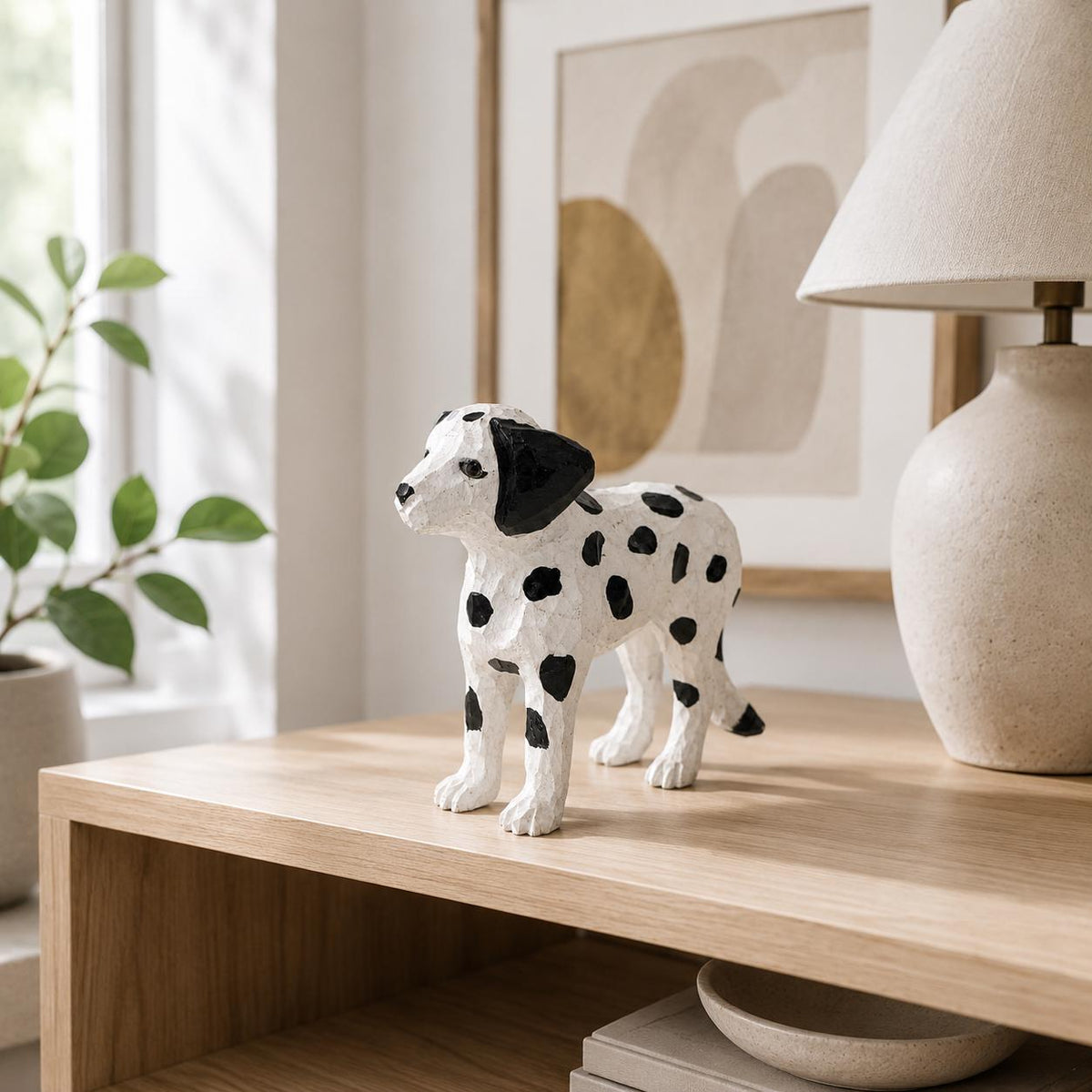 Hand-Carved Wooden Dalmatian Figurine | Spotted Puppy Sculpture | Whimsical Dog Desk Decor | Unique Pet Lover Gift
