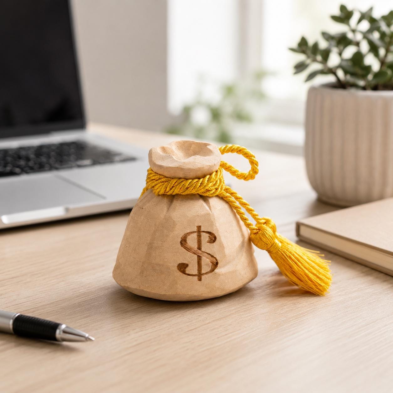 Hand Carved Wooden Money Bag, Dollar Sign Coin Purse Figurine, Gold Tassel Wealth Symbol, Rustic Farmhouse Desk Decor, Lucky Money Gift