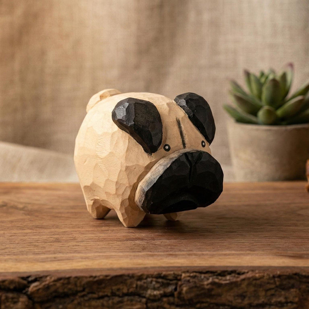 Whimsical Hand Carved Wooden Pug Figurine, Chubby Fawn Pug Statue, Dog Lover Gift, Minimalist Pet Decor, Small Wood Animal Sculpture