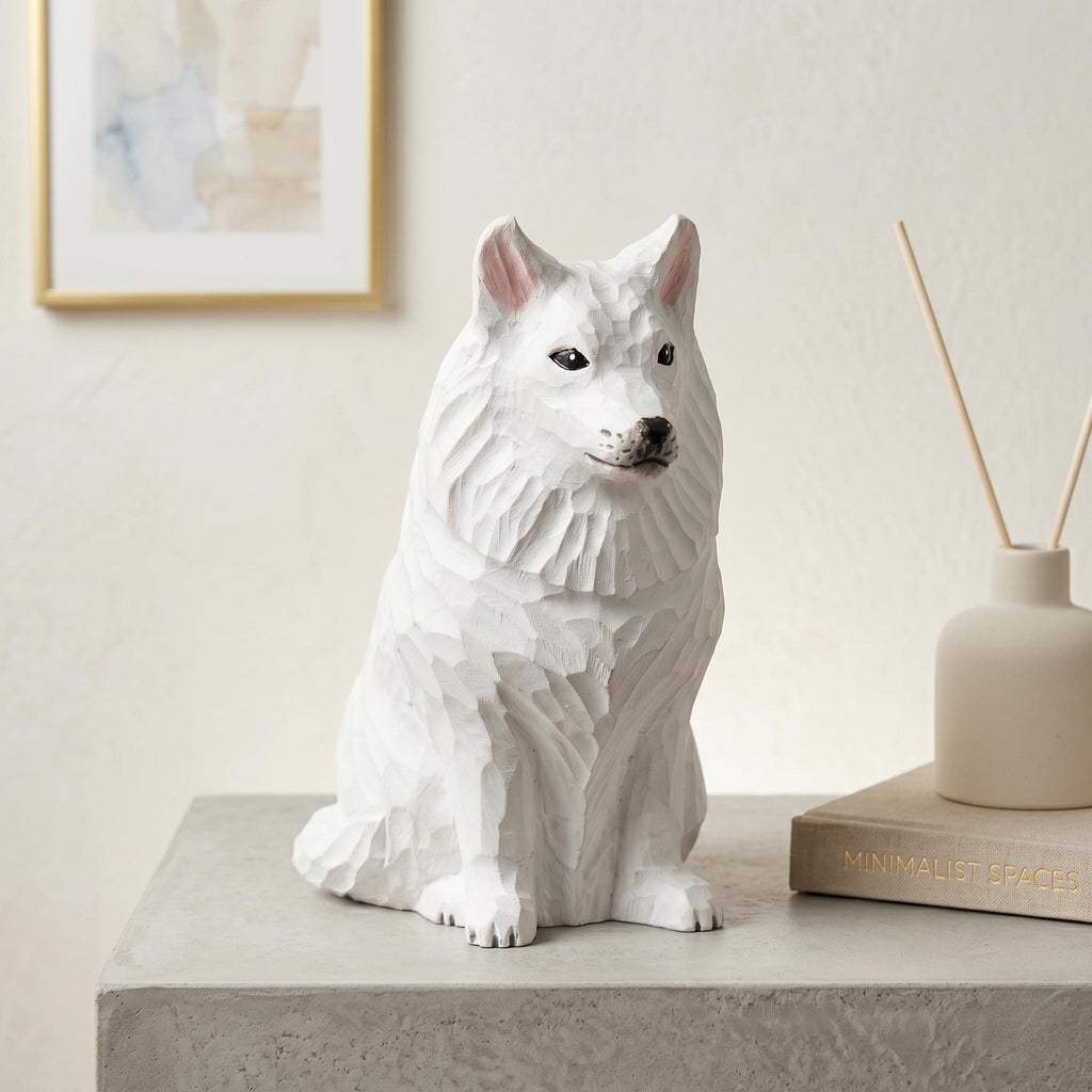 Sweet Hand Carved Wooden Samoyed Dog, Minimalist White Pet Figurine, Rustic Animal Art Sculpture, Thoughtful Dog Lover Gift Memorial