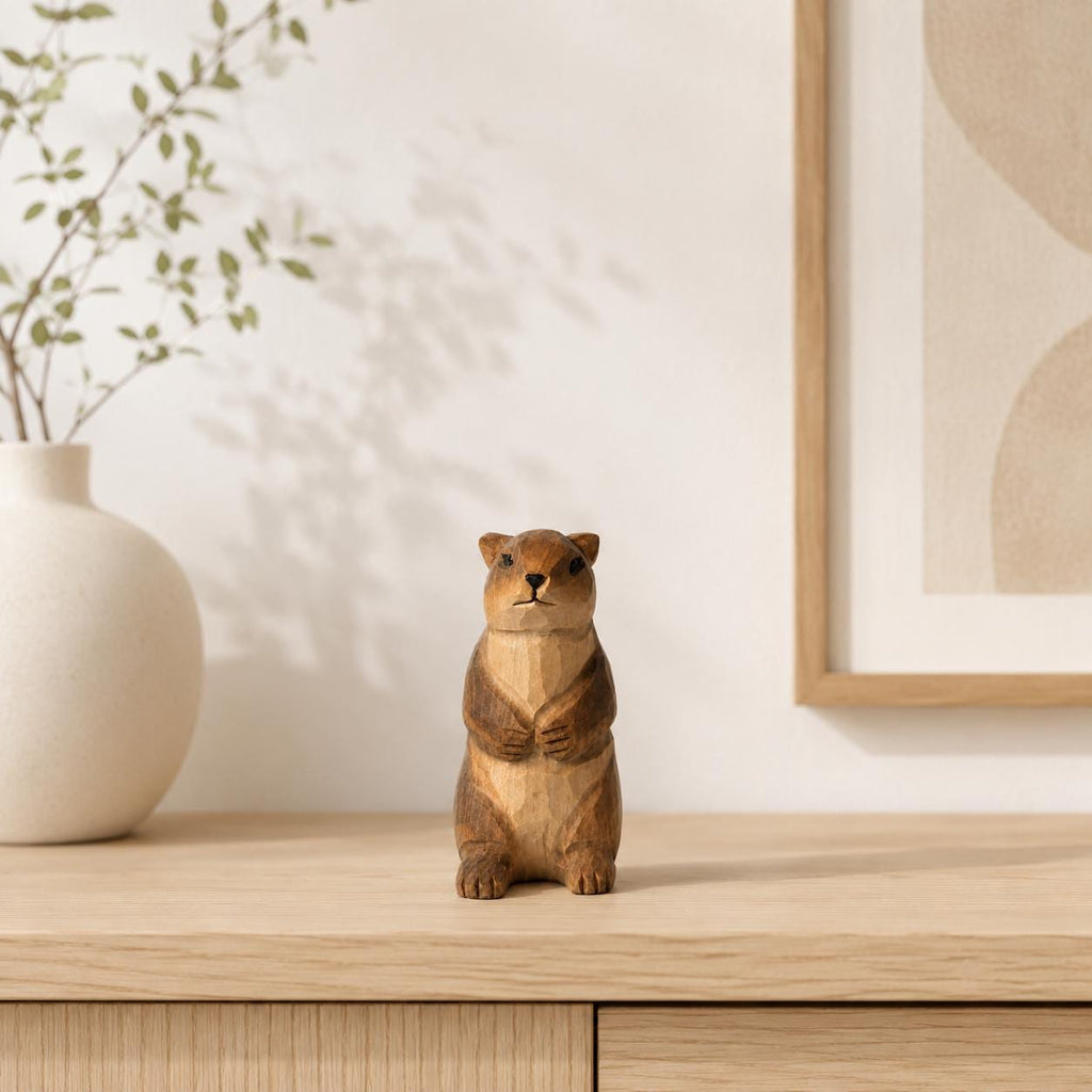 Whimsical Wooden Groundhog Statue Hand Carved Animal Figurine Woodland Nursery Decor Cute Wood Marmot Gift for Nature Lover