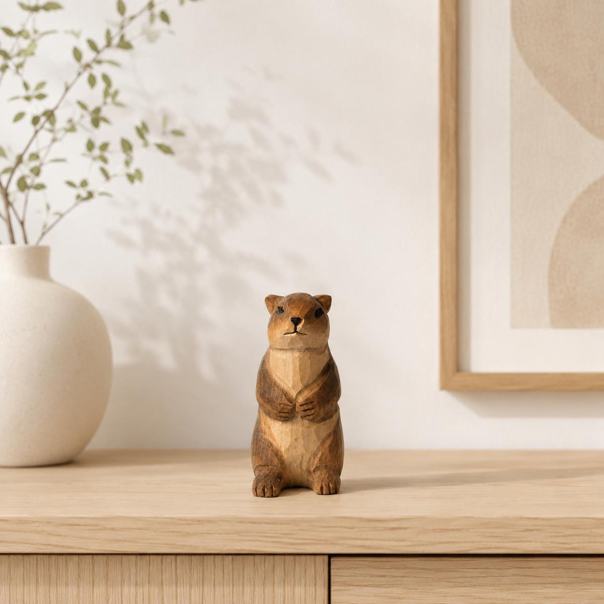 Whimsical Wooden Groundhog Statue Hand Carved Animal Figurine Woodland Nursery Decor Cute Wood Marmot Gift for Nature Lover