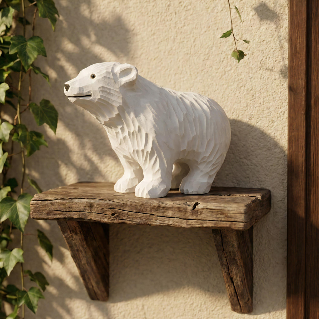 Hand Carved Wooden Polar Bear Figurine - White Bear Statue - Winter Wonderland Decor - Cabin Ornament