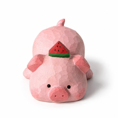 Adorable Wooden Pig Figurine with Watermelon, Hand Carved Animal Decor, Cute Desk Accessory, Unique Gift for Pig Lovers