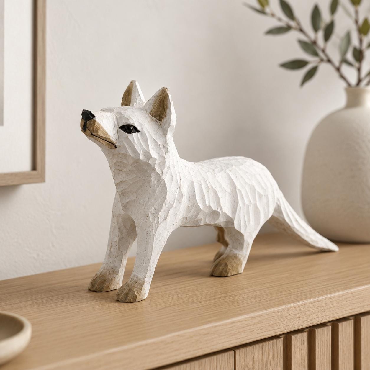 Whimsical White Arctic Fox Hand Carved Wood Figurine Woodland Animal Nursery Decor Rustic Desk Accessory Unique Gift for Nature Lover