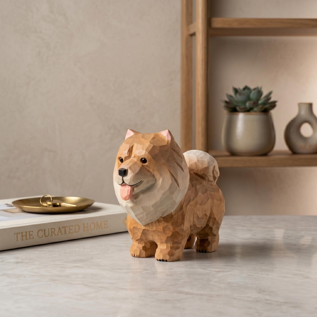 Hand Carved Wooden Pomeranian Figurine, Fluffy Dog Desktop Decor, Rustic Animal Art Sculpture, Pet Memorial Gift for Dog Lover