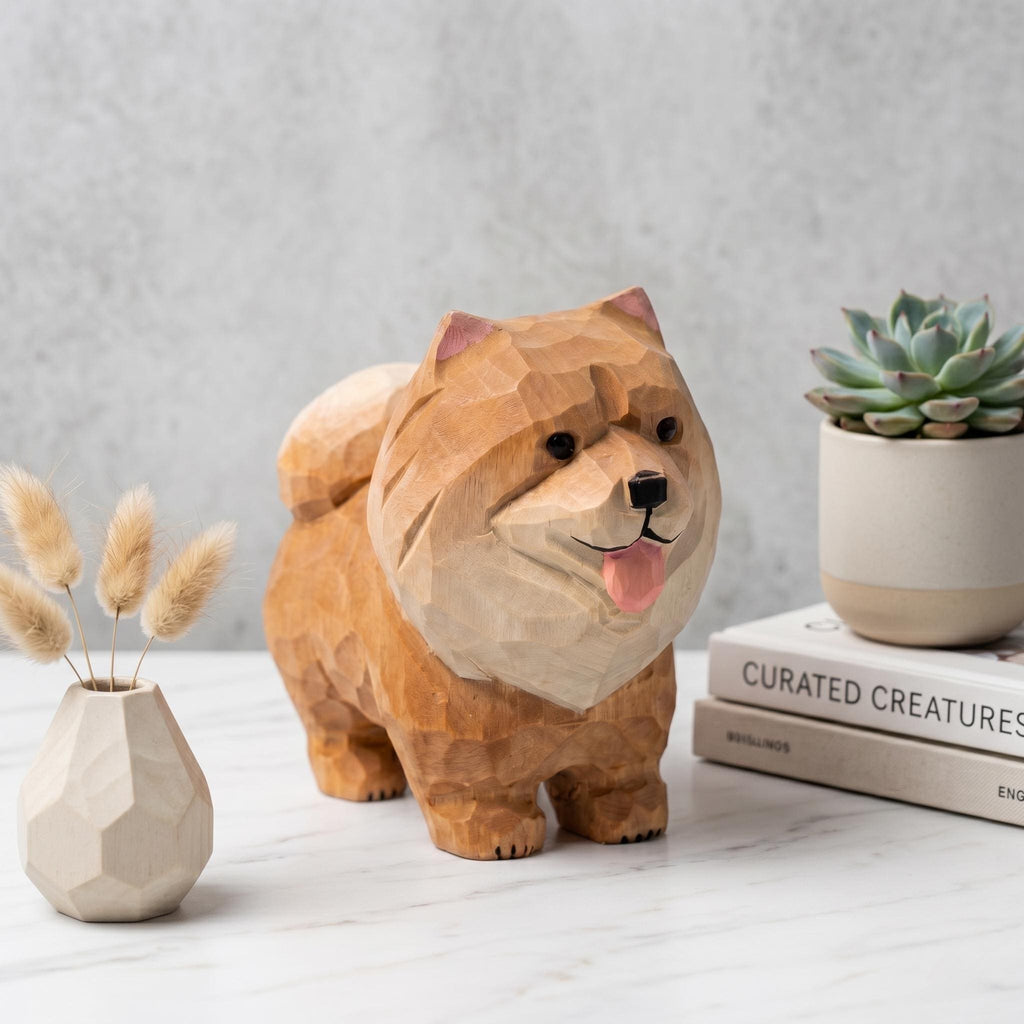 Hand Carved Wooden Pomeranian Figurine, Fluffy Dog Desktop Decor, Rustic Animal Art Sculpture, Pet Memorial Gift for Dog Lover