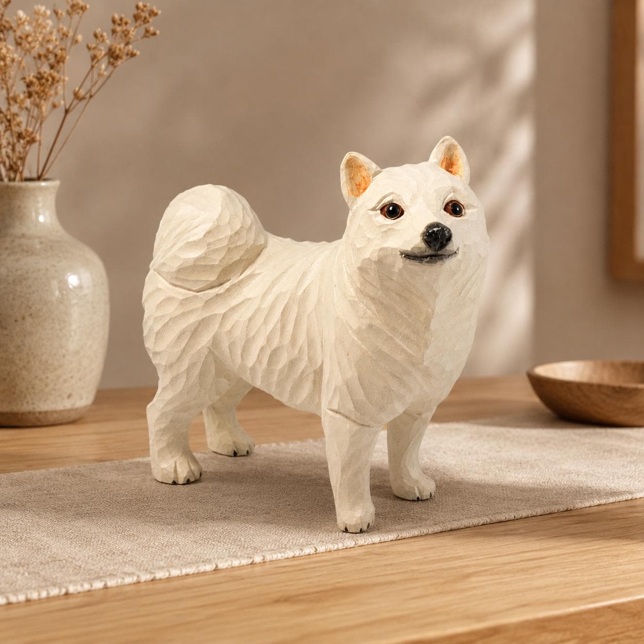 Handcarved White Spitz Dog Figurine Wooden Puppy Statue Rustic Shelf Decor Pet Memorial Gift Carved Samoyed Sculpture Dog Lover Present