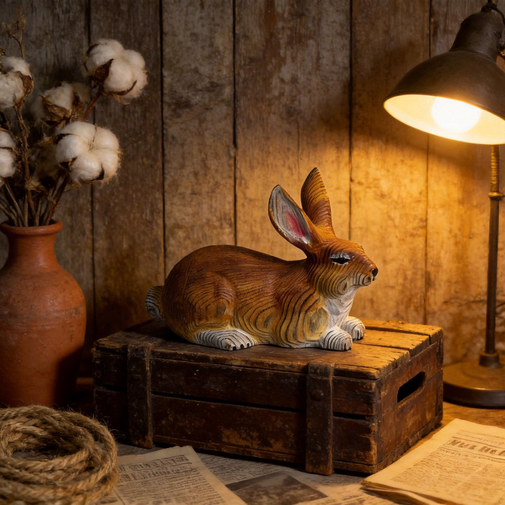 Hand-Carved Wood Rabbit Figurine, Hand-Painted Woodland Bunny Sculpture, Rustic Nursery Decor