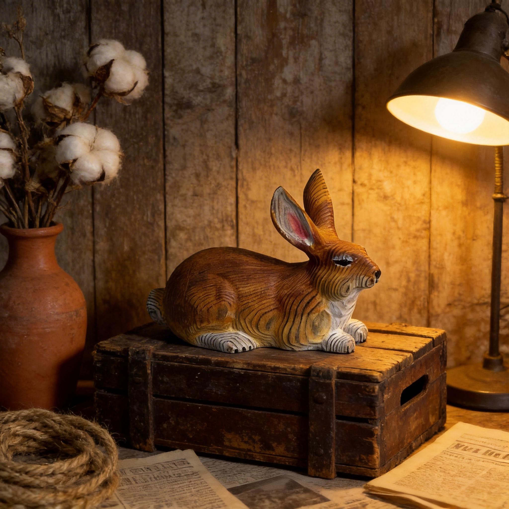 Hand-Carved Wood Rabbit Figurine, Hand-Painted Woodland Bunny Sculpture, Rustic Nursery Decor