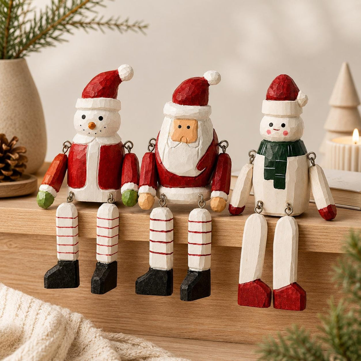 Whimsical Wooden Christmas Shelf Sitter Santa Snowman Figurine Hand Carved Winter Decor Secret Santa Gift