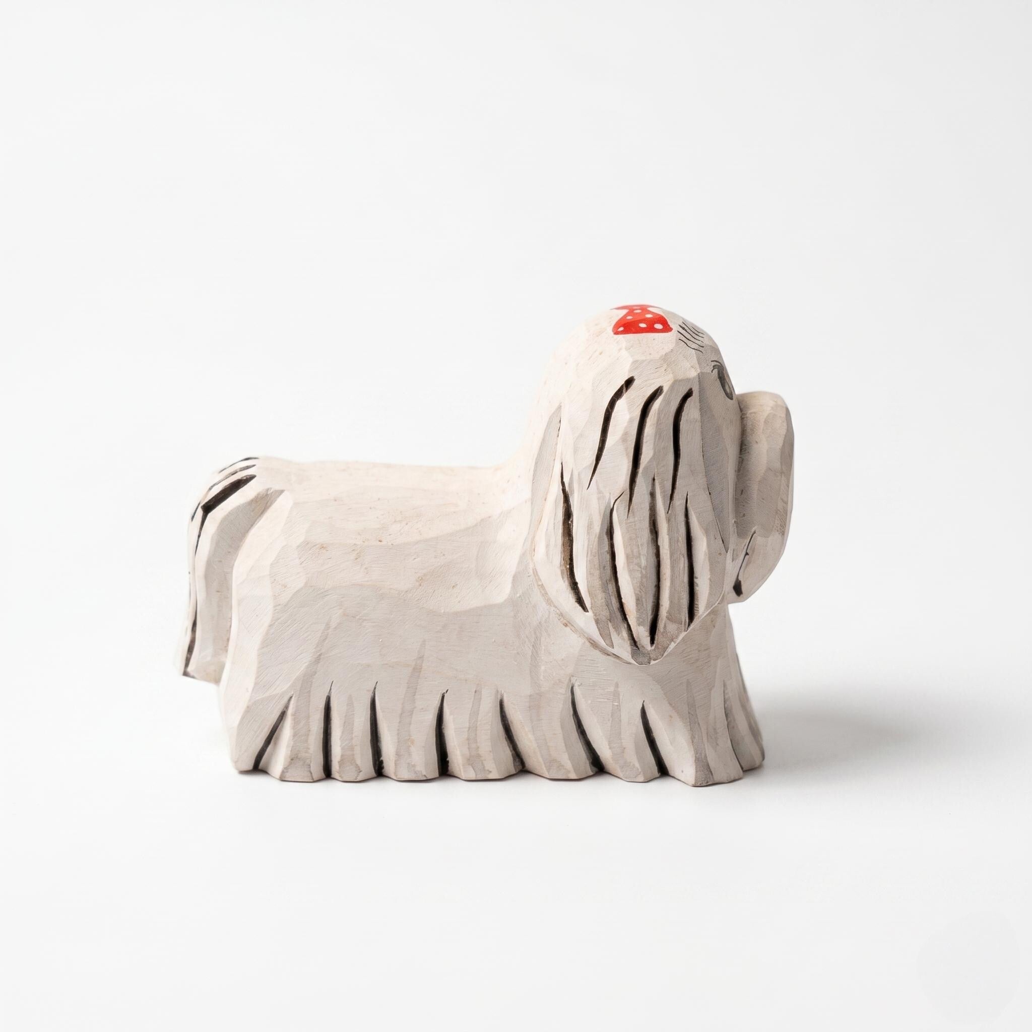 Whimsical Hand-Carved Wooden Dog Figurine White Maltese Shih Tzu Statue Rustic Pet Decor Unique Dog Lover Gift Handmade Animal Art