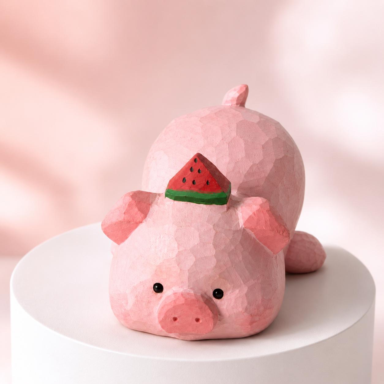 Adorable Wooden Pig Figurine with Watermelon, Hand Carved Animal Decor, Cute Desk Accessory, Unique Gift for Pig Lovers
