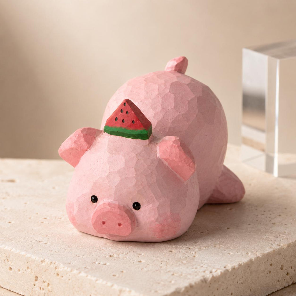 Adorable Wooden Pig Figurine with Watermelon, Hand Carved Animal Decor, Cute Desk Accessory, Unique Gift for Pig Lovers