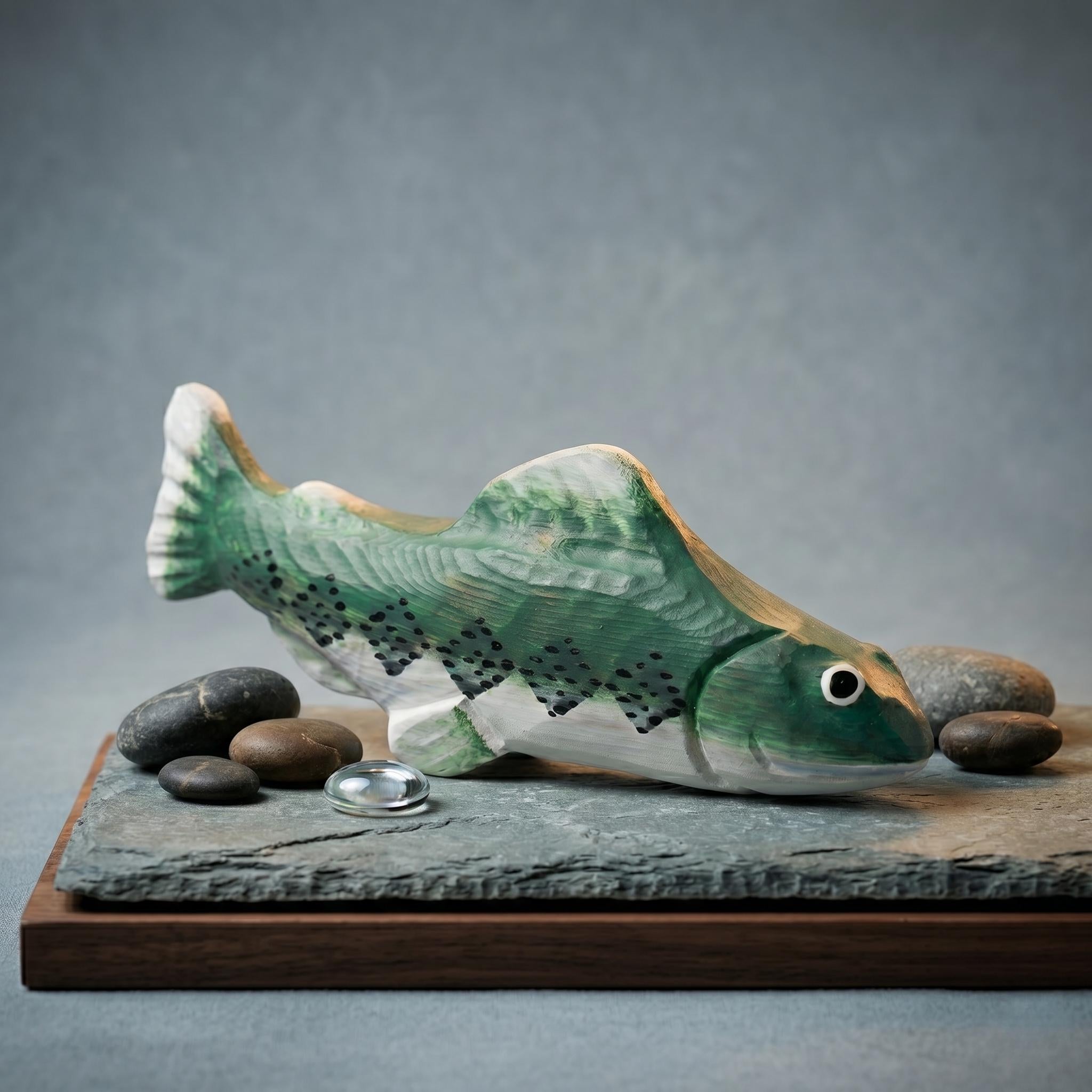 Rustic Hand Carved Wooden Trout Figurine, Green Fish Decor, River Cabin Art, Fly Fishing Gift for Him, Nature Lover Desktop Ornament