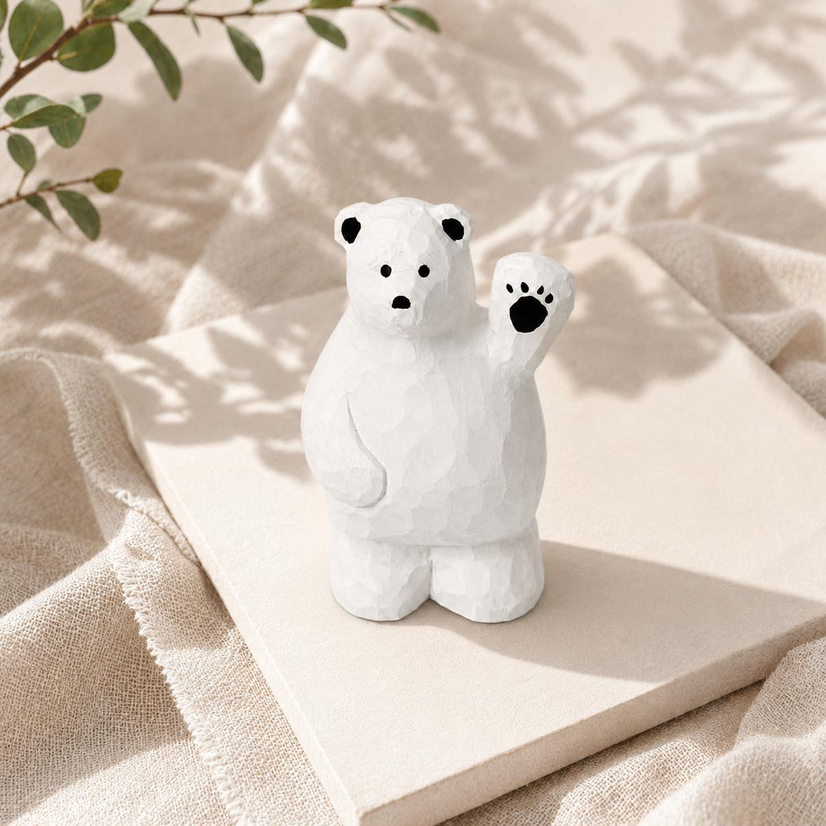 Friendly Waving Polar Bear Wood Carving, Handmade Arctic Animal Figurine, Whimsical Desk Pet, Winter Nursery Decor, Cute Wood Gift for Kids