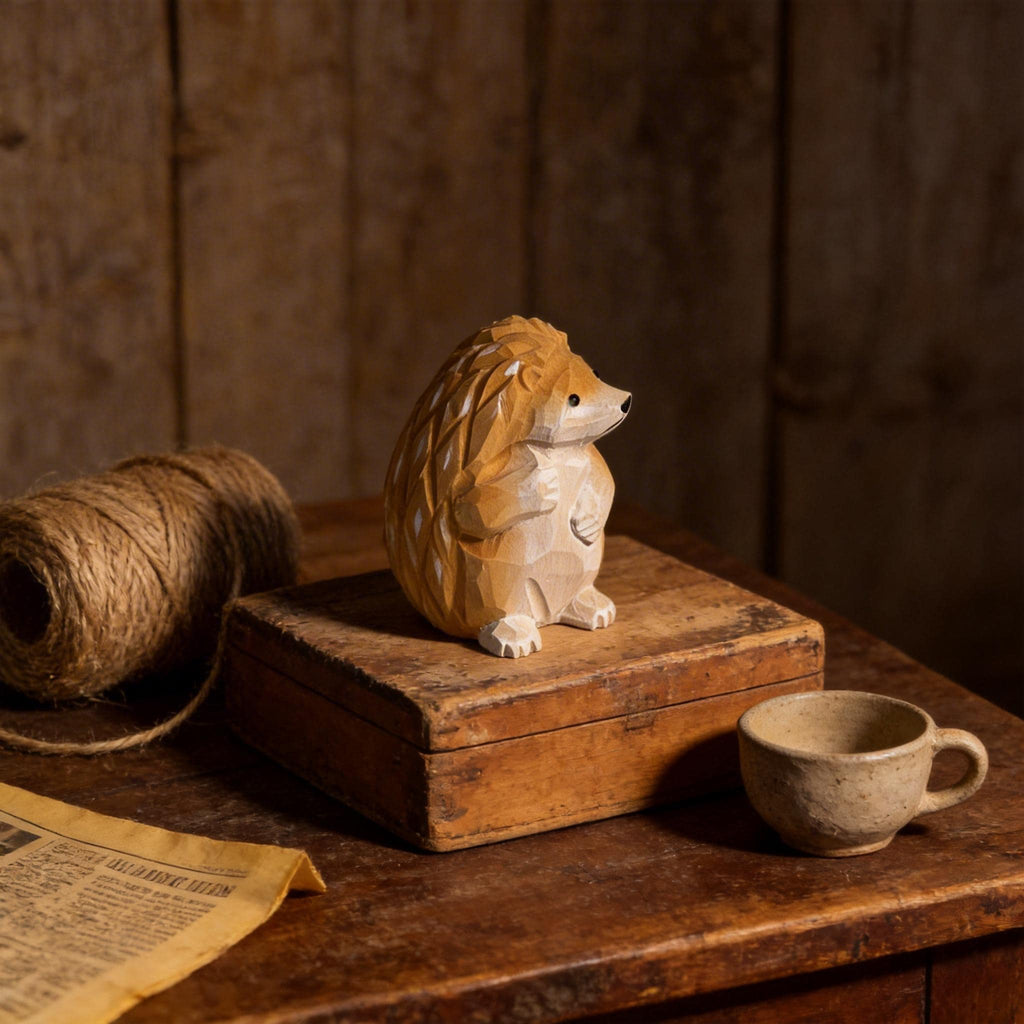 Hand Carved Wooden Hedgehog Figurine, Grumpy Woodland Animal Decor, Whimsical Desk Pet, Rustic Shelf Sitter, Unique Gift for Nature Lover