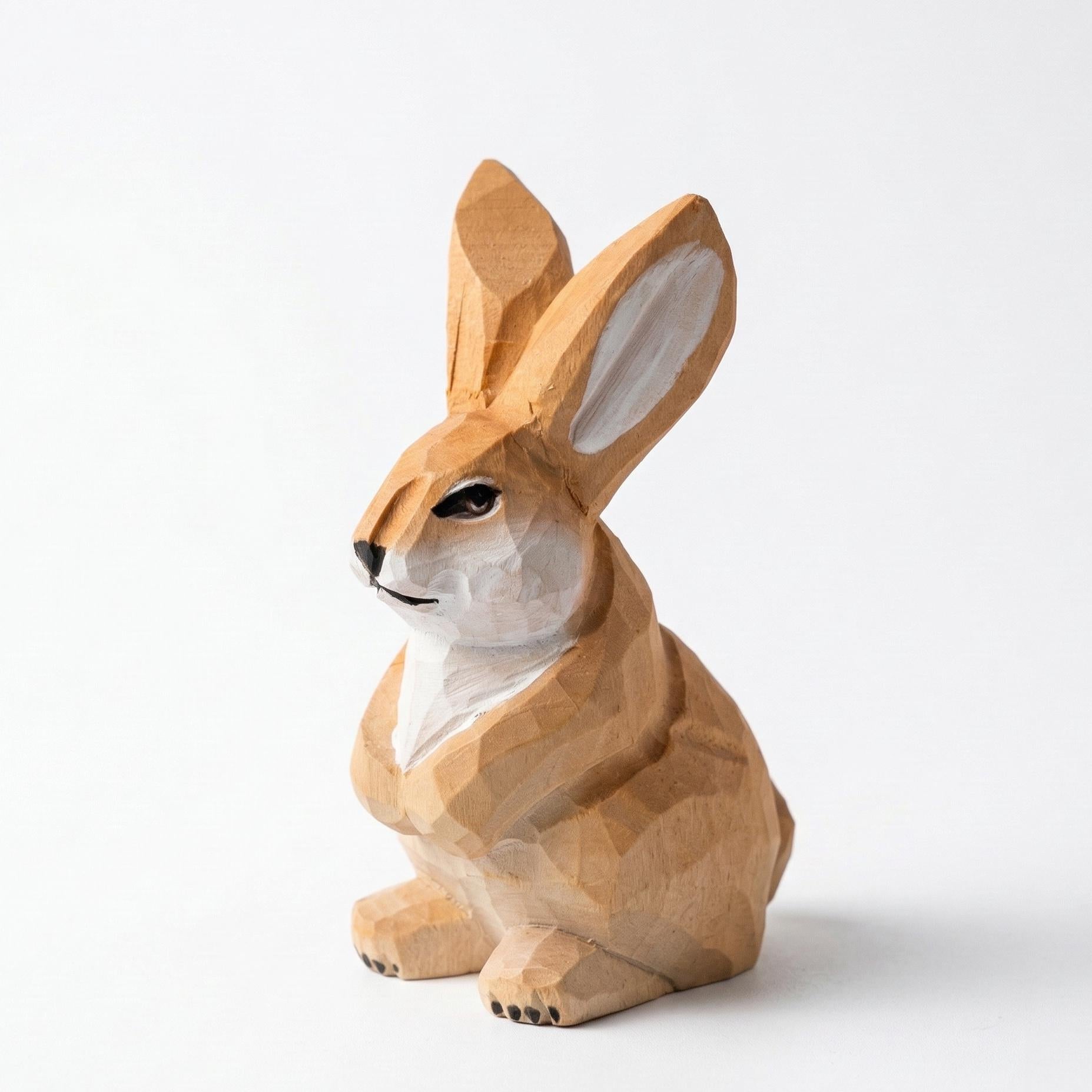 Hand Carved Wooden Bunny Figurine, Geometric Woodland Animal Statue, Minimalist Decor