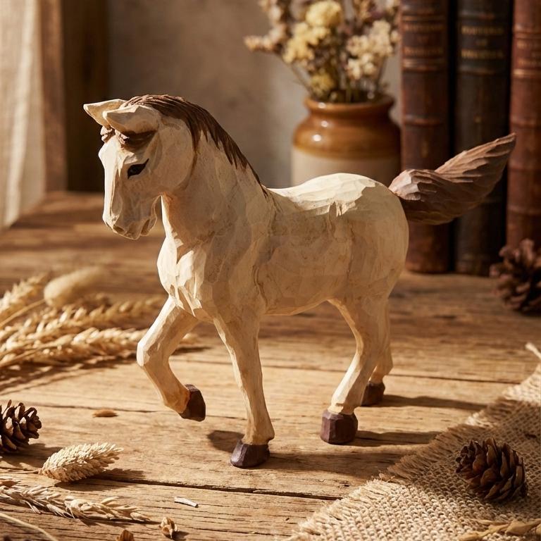 Whimsical Hand Carved Wooden Horse Figurine Rustic Pony Sculpture Farmhouse Shelf Decor Artisan Animal Art Unique Equestrian Gift