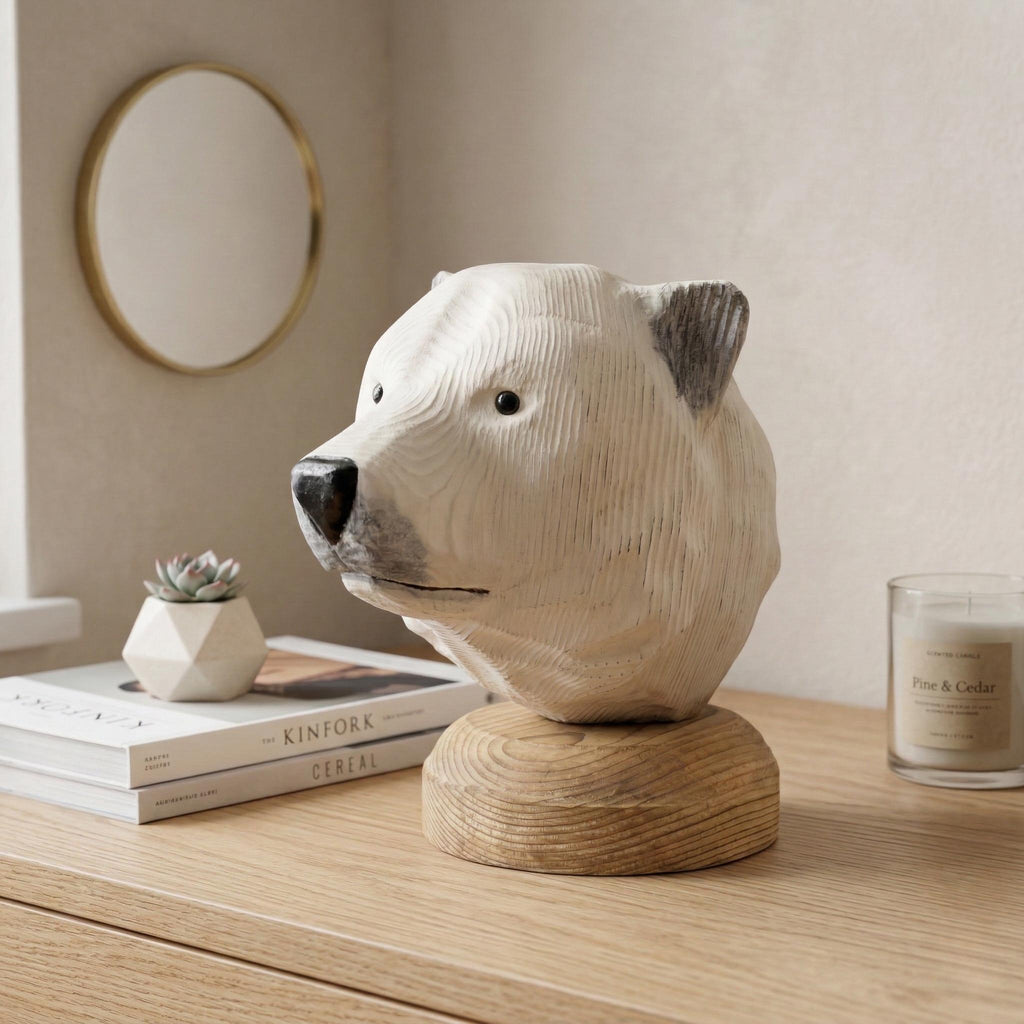 Hand-Carved Wooden Polar Bear Sculpture, Rustic Arctic Animal Decor, Nature Lover Gift