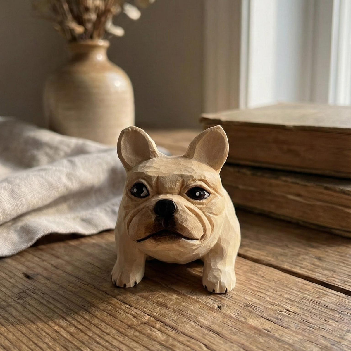 Whimsical Wooden French Bulldog Figurine Hand-Carved Dog Statue Rustic Shelf Decor Unique Pet Memorial Gift for Frenchie Lovers