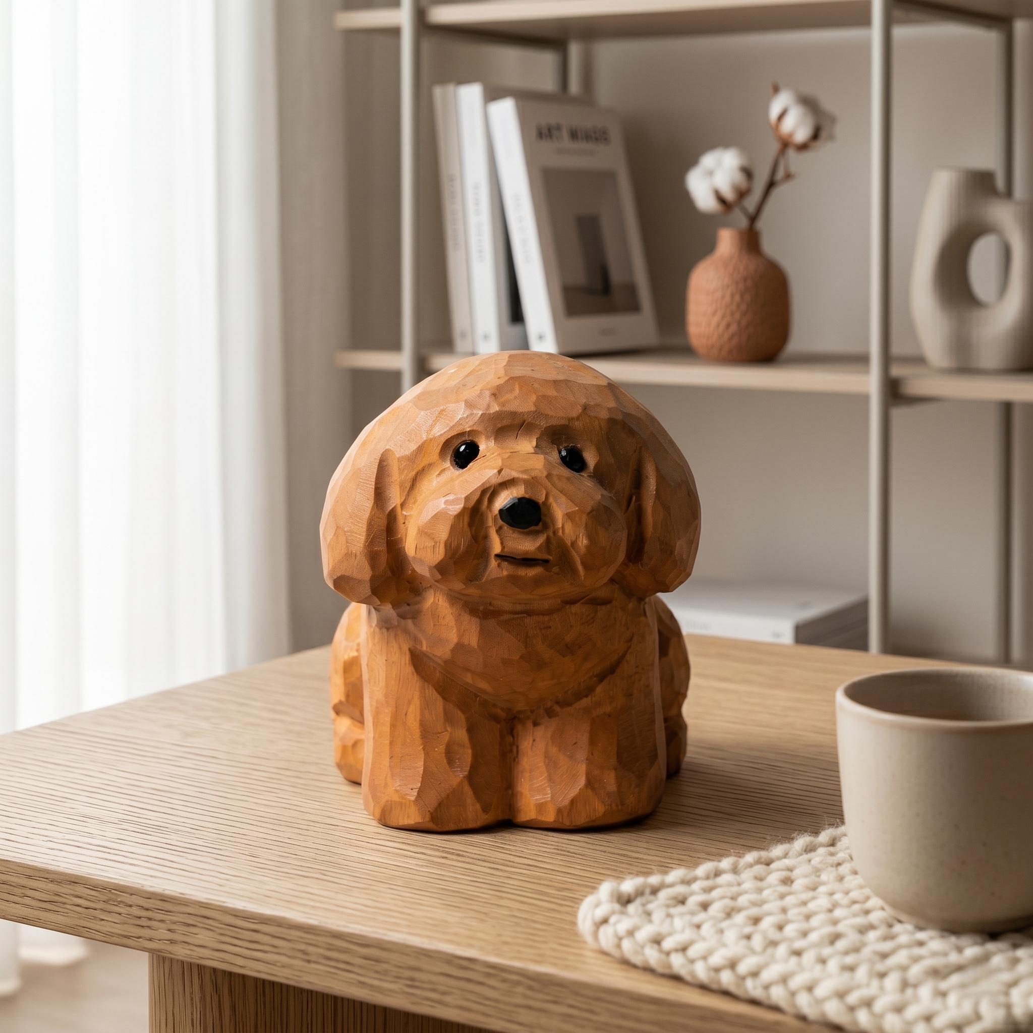 Sweet Hand Carved Wooden Poodle Figurine Rustic Sitting Dog Desk Decor Miniature Doodle Statue Unique Pet Lover Gift Dog Memorial