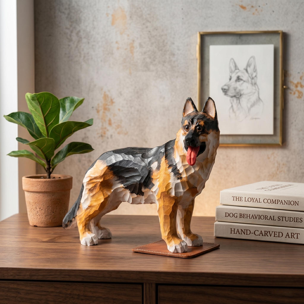 Loyal Hand Carved Wooden German Shepherd Figurine, Rustic Dog Sculpture Pet Memorial Art, Unique Gift for Dog Lover