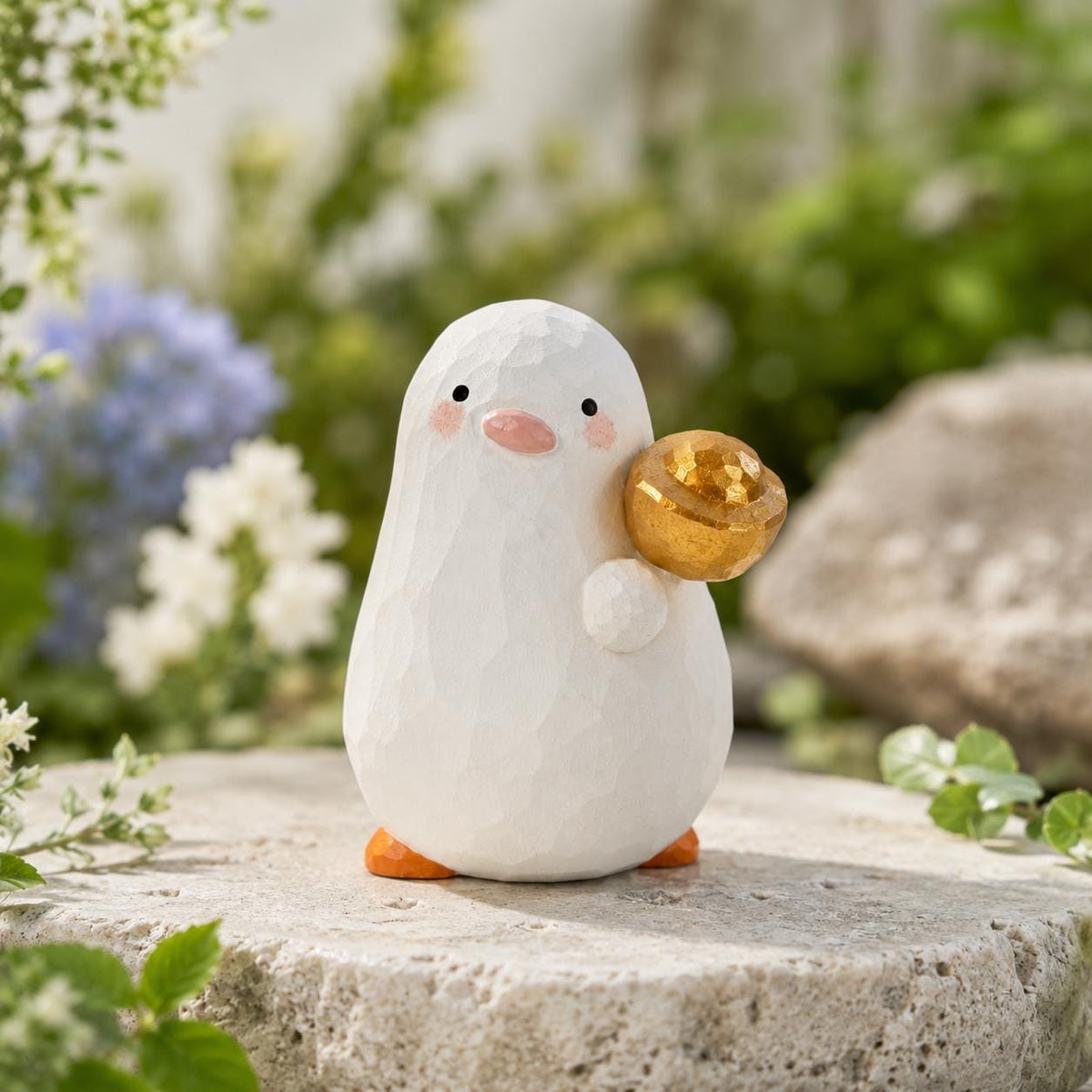 Lucky White Wooden Bird Figurine Hand Carved Wood Duck with Gold Ingot Cute Desk Decor Good Luck Gift for Friend New Job Present