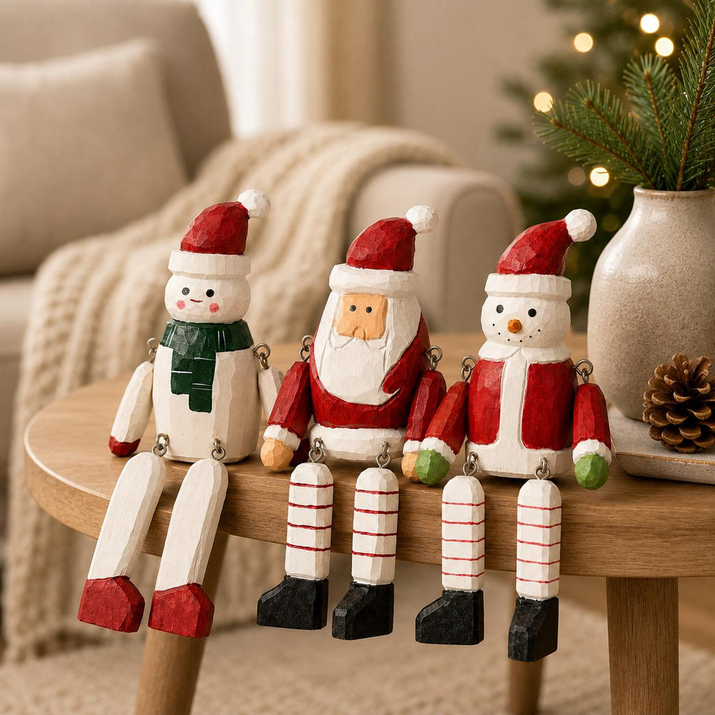 Whimsical Wooden Christmas Shelf Sitter Santa Snowman Figurine Hand Carved Winter Decor Secret Santa Gift