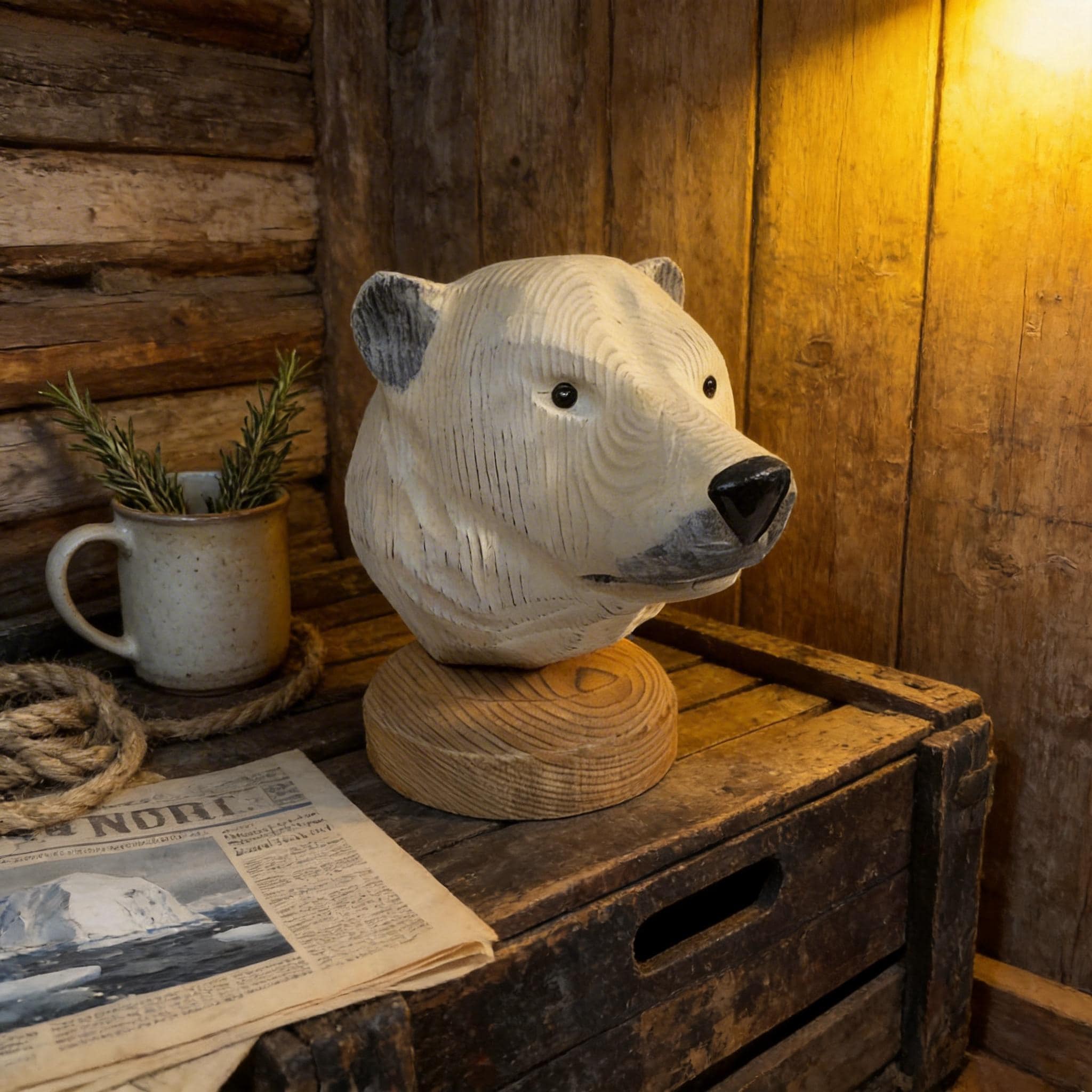 Hand-Carved Wooden Polar Bear Sculpture, Rustic Arctic Animal Decor, Nature Lover Gift