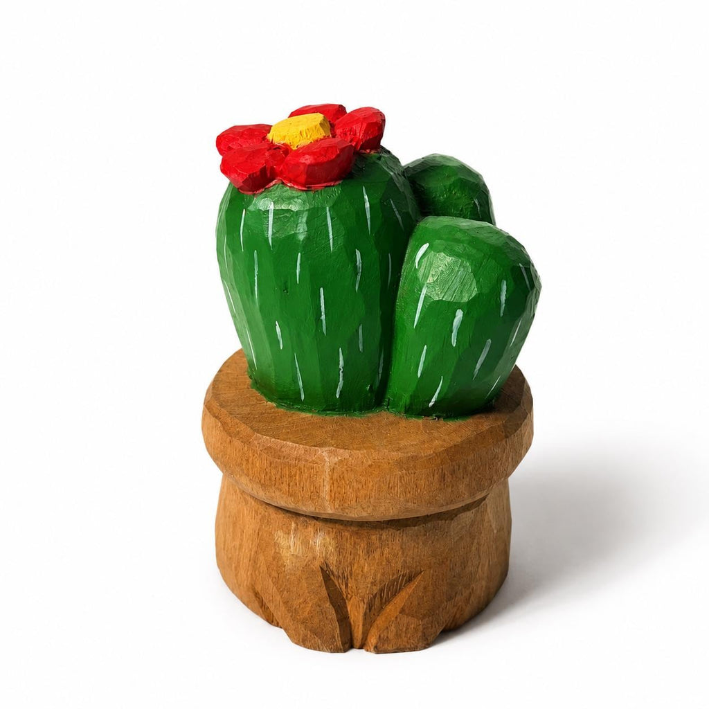 Hand Carved Wooden Cactus in Pot | Painted Succulent Figurine with Flower | Desert Plant Desk Decor | Unique Plant Lover Gift