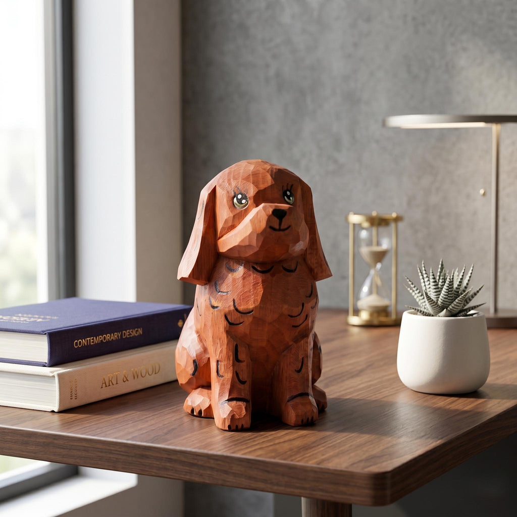 Whimsical Wooden Puppy Figurine – Hand Carved Spaniel Dog Statue – Rustic Shelf Decor & Pet Lover Gift Idea