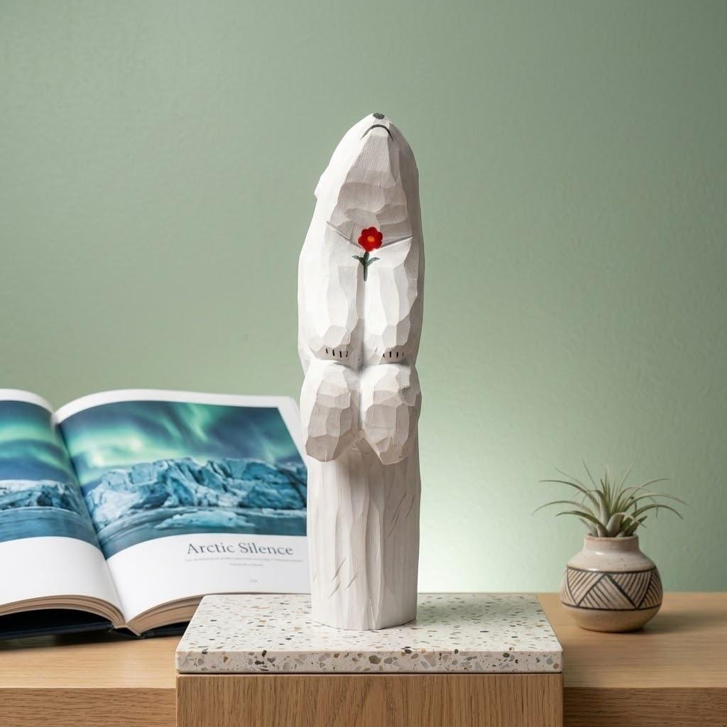 Whimsical Wooden Polar Bear Figurine Hand Carved Animal Statue With Red Flower Romantic Anniversary Gift For Nature Lovers