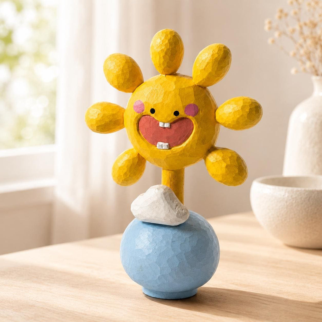 Hand Carved Wooden Sun Figurine, Smiley Sun on Blue Globe, Cheerful Yellow Sun Sculpture, Fun Kids Room Decor, Unique Sunshine Gift