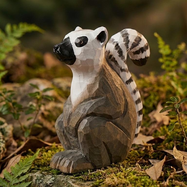 Whimsical Ring-Tailed Lemur Wood Carving | Handmade Wooden Animal Figurine | Safari Nursery Decor | Unique Wildlife Lover Gift