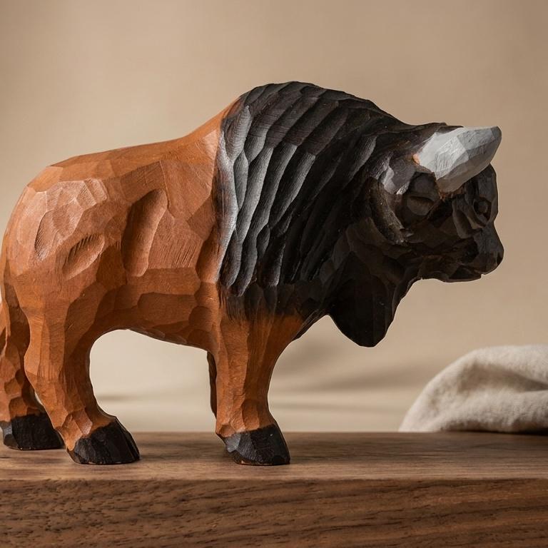 Rustic Wooden Bison Carving Handmade Animal Sculpture Western Room Decor Nature Lover Gift for Dad