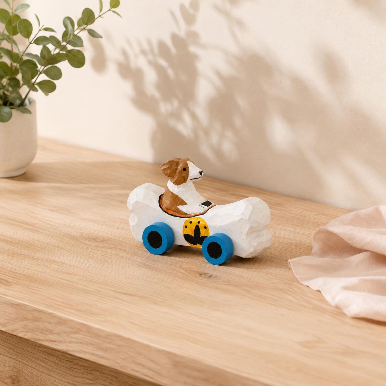 Whimsical Wooden Dog in Bone Car, Hand Carved Animal Figurine, Rustic Nursery Decor, Wood Craft Art, Unique Gift for Dog Lover