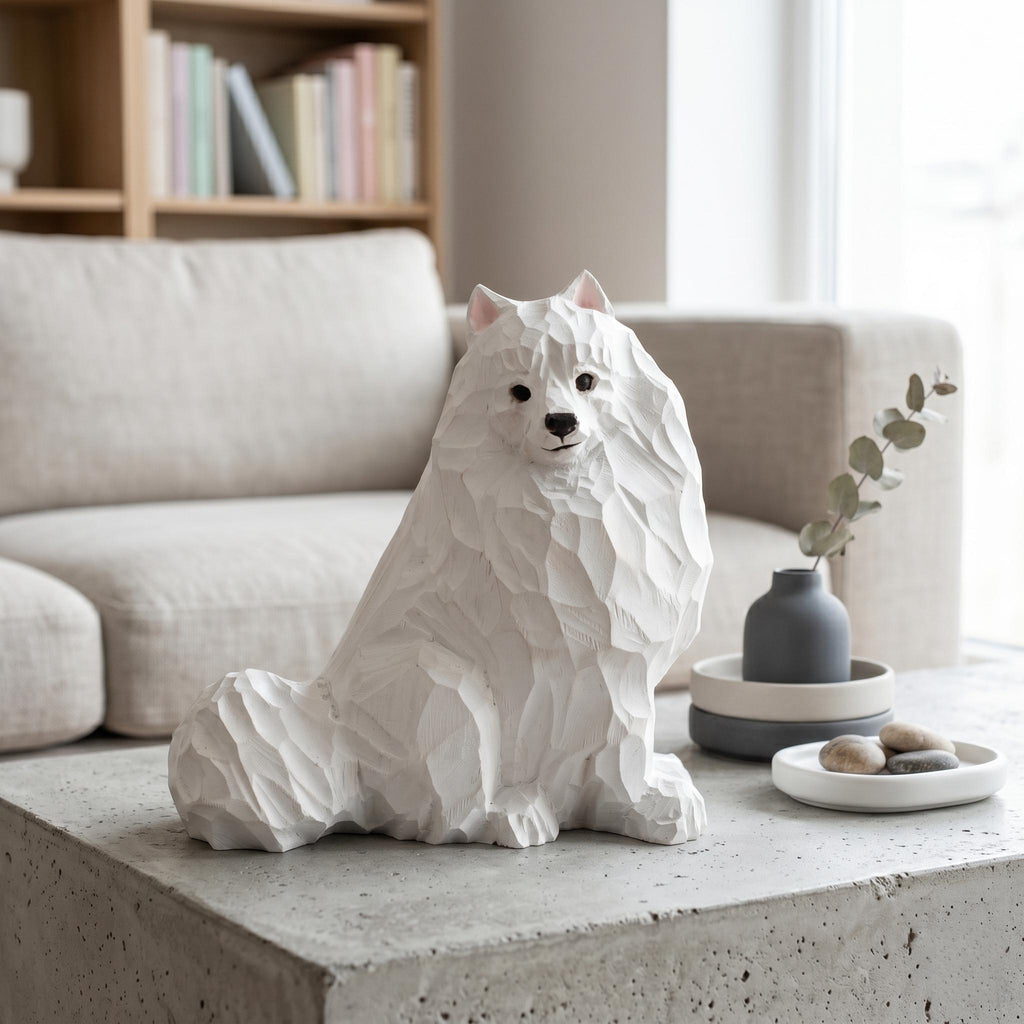 Whimsical White Samoyed Wood Carving Geometric Fluffy Dog Figurine Minimalist Pet Memorial Unique Gift for Dog Lovers Desk Decor