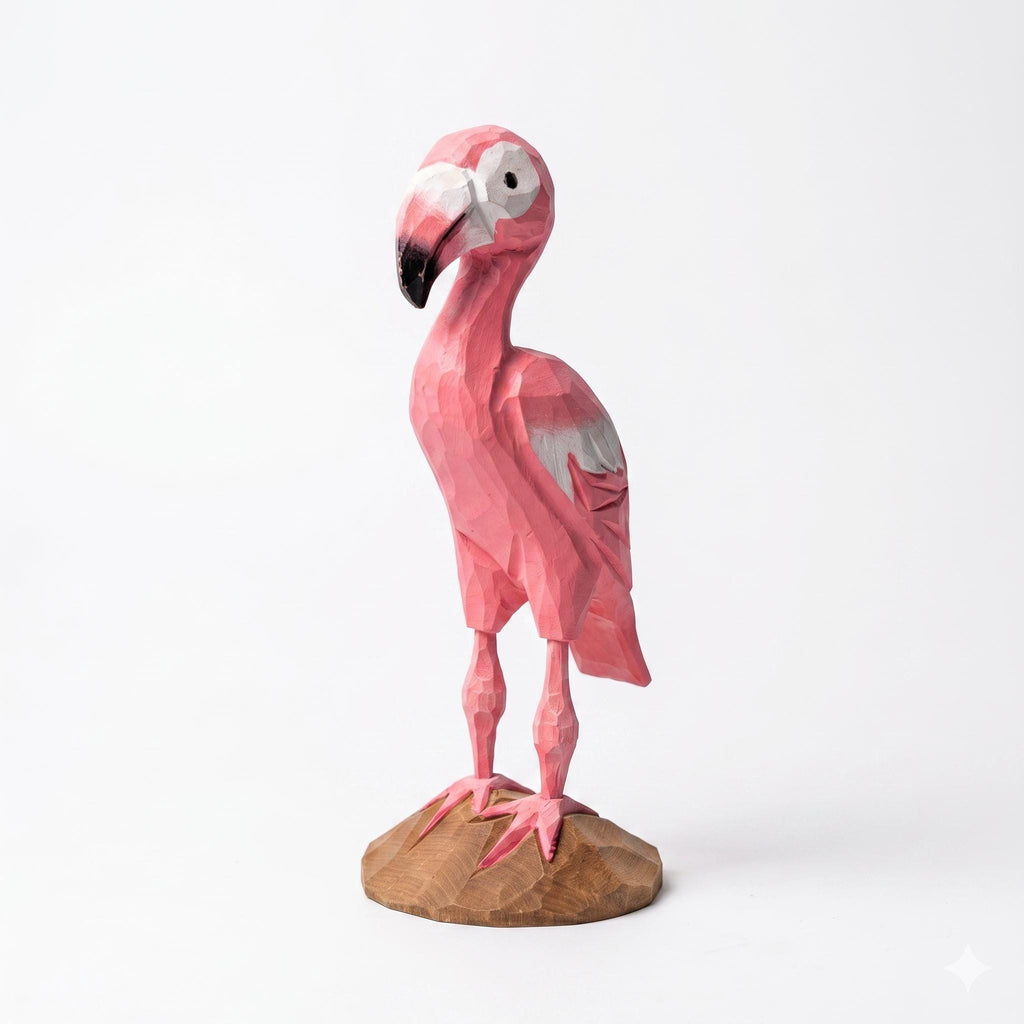Whimsical Pink Flamingo Wood Carving Geometric Animal Sculpture Tropical Decor Hand Carved Bird Figurine Unique Gift for Bird Lover