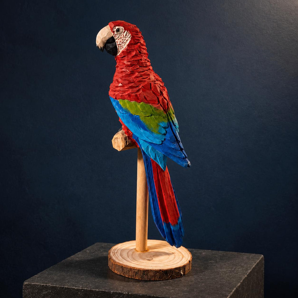 Vibrant Scarlet Macaw Wood Carving Tropical Bird Decor Wooden Parrot Figurine Unique Gift for Bird Lover