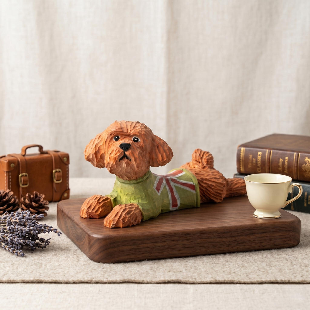 Hand Carved Wooden Poodle Figurine, Whimsical Dog in Green Sweater, Rustic Pet Memorial Art, Unique Gift for Dog Lovers & Pet Moms