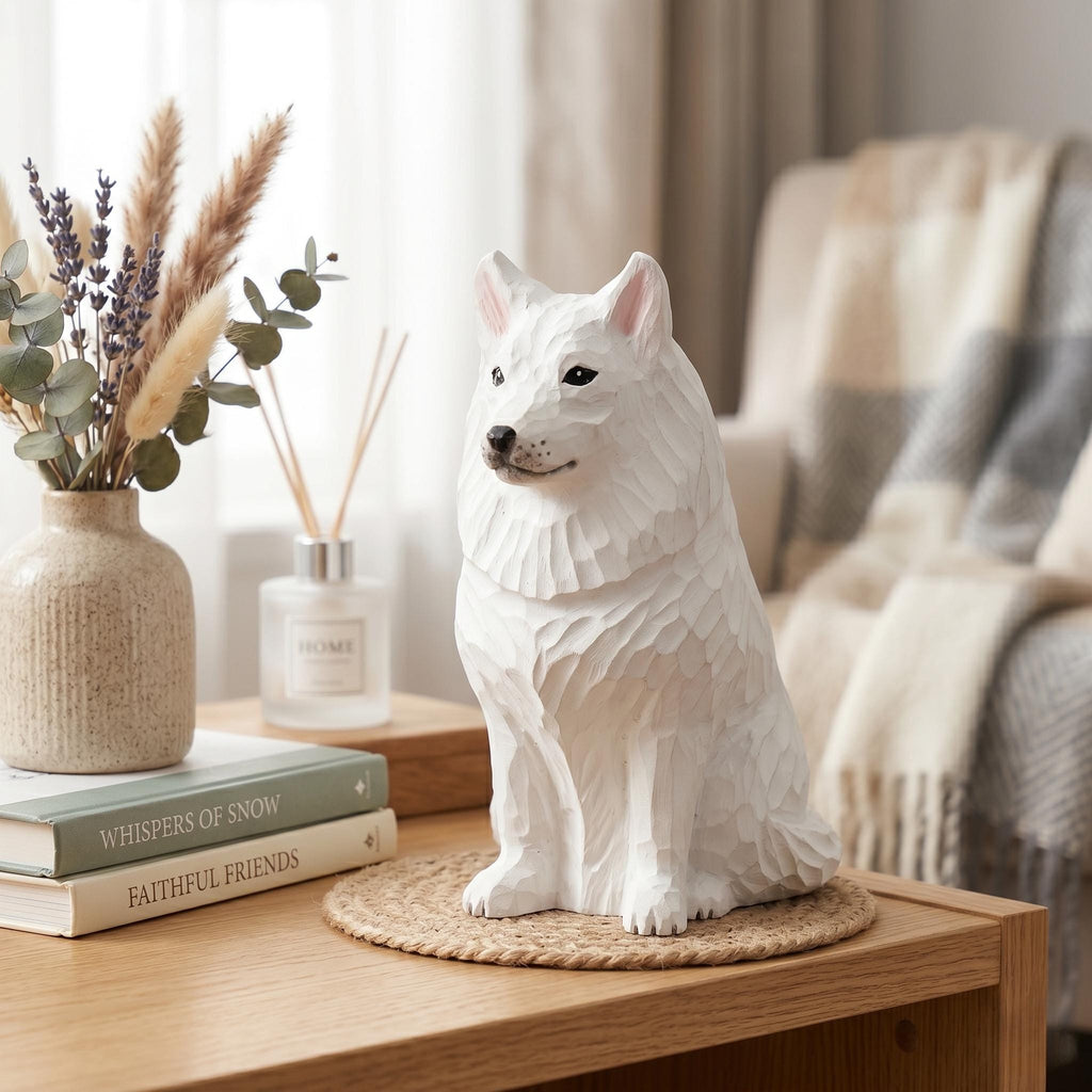 Sweet Hand Carved Wooden Samoyed Dog, Minimalist White Pet Figurine, Rustic Animal Art Sculpture, Thoughtful Dog Lover Gift Memorial