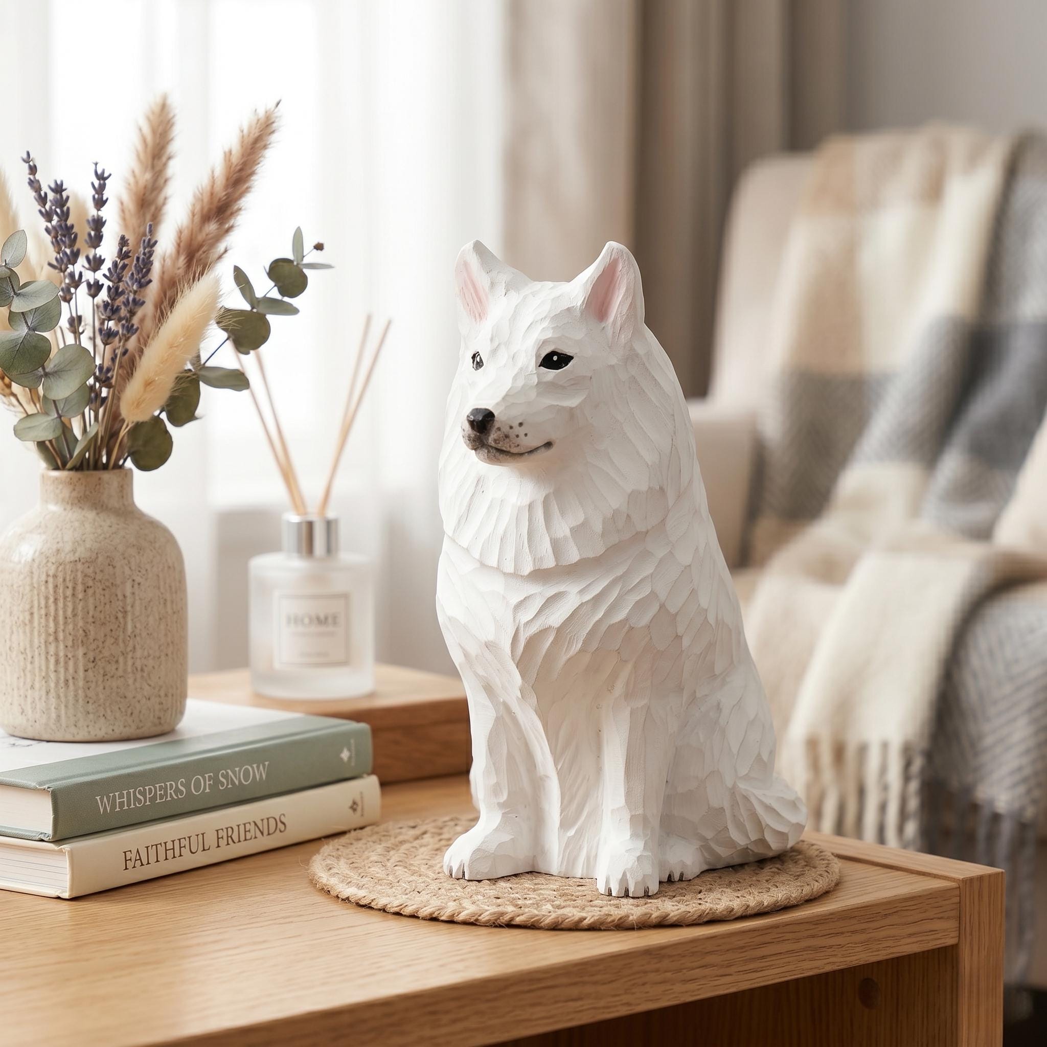 Sweet Hand Carved Wooden Samoyed Dog, Minimalist White Pet Figurine, Rustic Animal Art Sculpture, Thoughtful Dog Lover Gift Memorial