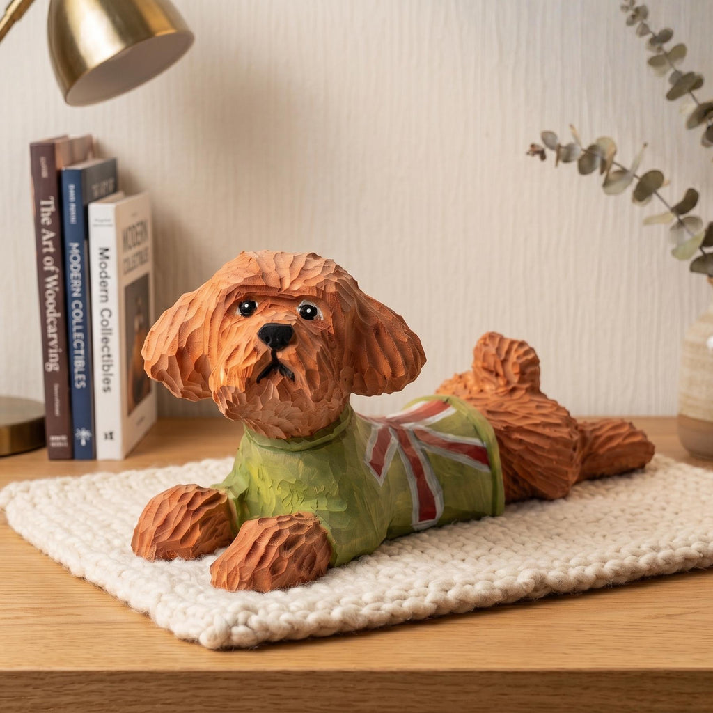 Hand Carved Wooden Poodle Figurine, Whimsical Dog in Green Sweater, Rustic Pet Memorial Art, Unique Gift for Dog Lovers & Pet Moms