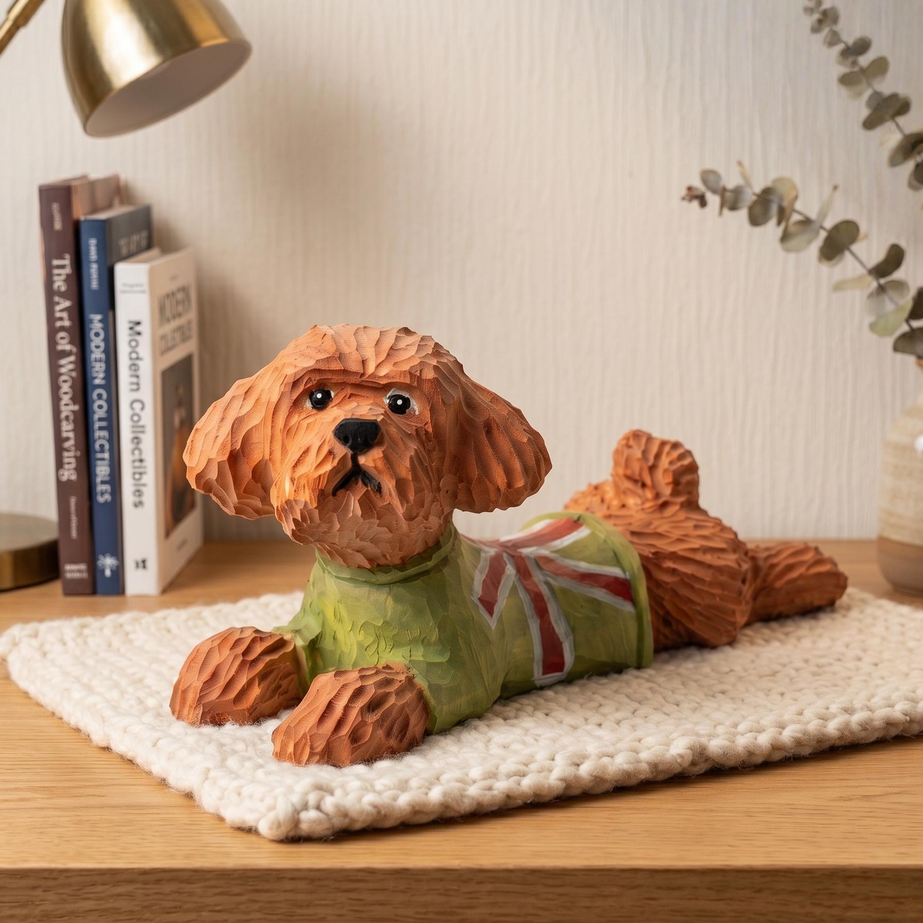 Hand Carved Wooden Poodle Figurine, Whimsical Dog in Green Sweater, Rustic Pet Memorial Art, Unique Gift for Dog Lovers & Pet Moms