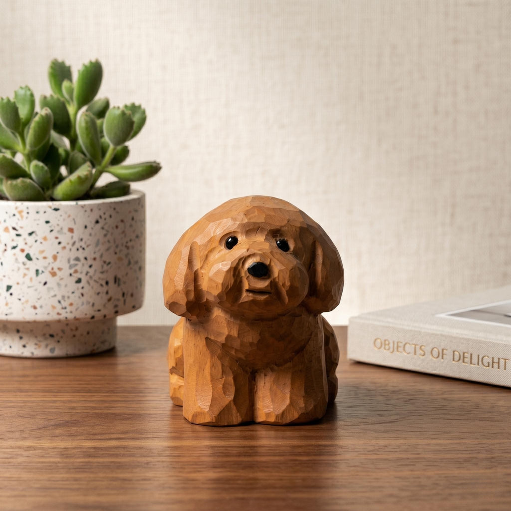 Sweet Hand Carved Wooden Poodle Figurine Rustic Sitting Dog Desk Decor Miniature Doodle Statue Unique Pet Lover Gift Dog Memorial