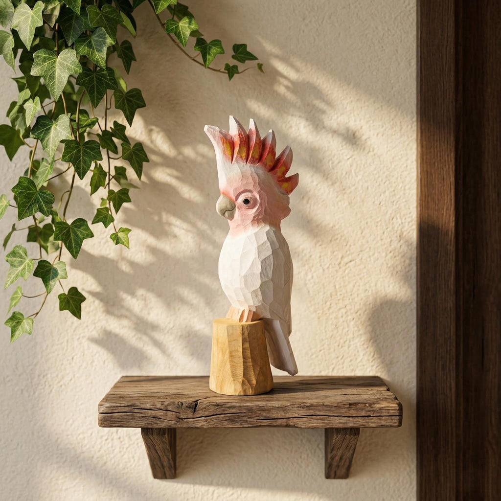 Hand-Carved Wooden Galah Cockatoo Figurine, Whimsical Pink Parrot Statue, Tropical Bird Lover Gift, Unique Nursery Decor