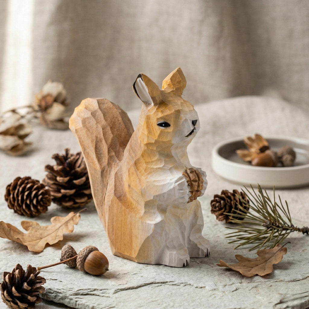 Whimsical Hand Carved Wooden Squirrel Figurine, Rustic Woodland Nursery Decor, Woodland Animal Statue, Unique Nature Lover Gift Idea