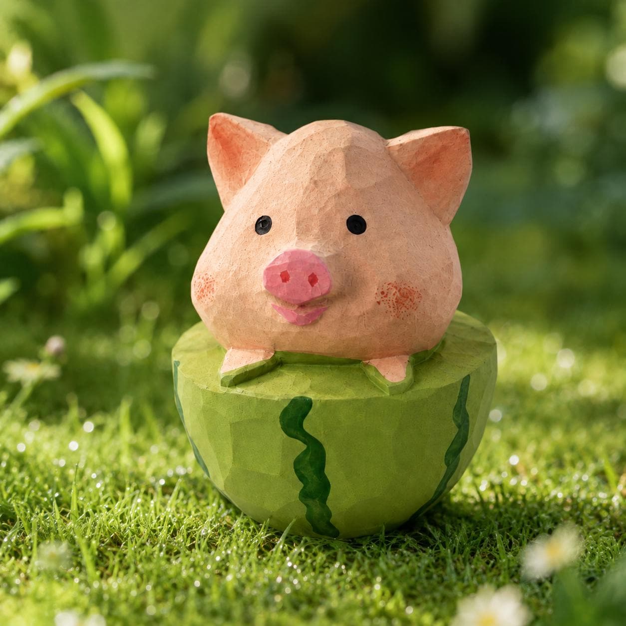 Whimsical Wooden Pig in Watermelon Figurine Hand Carved Miniature Desk Decor Cute Summer Gift for Pig Lovers